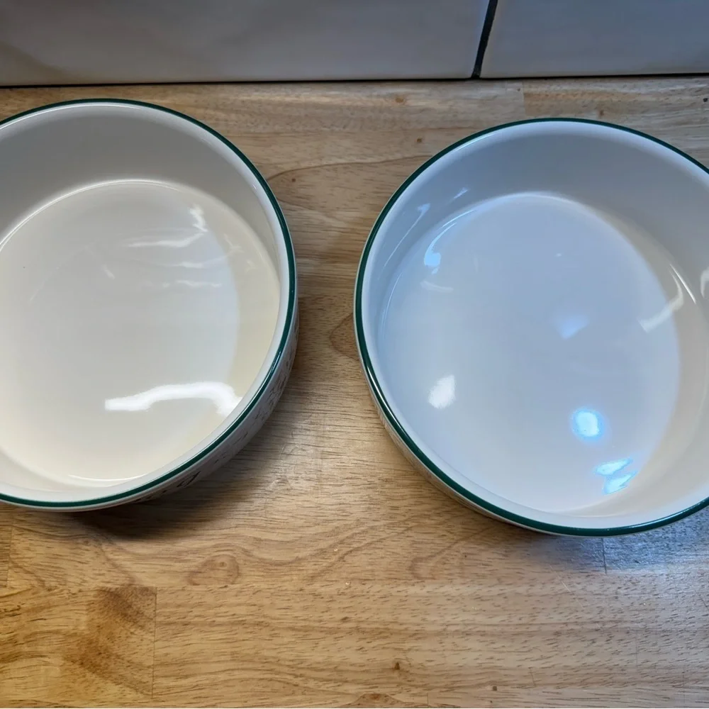 Pfaltzgraff White Dog Bowls with Green Floral Accents